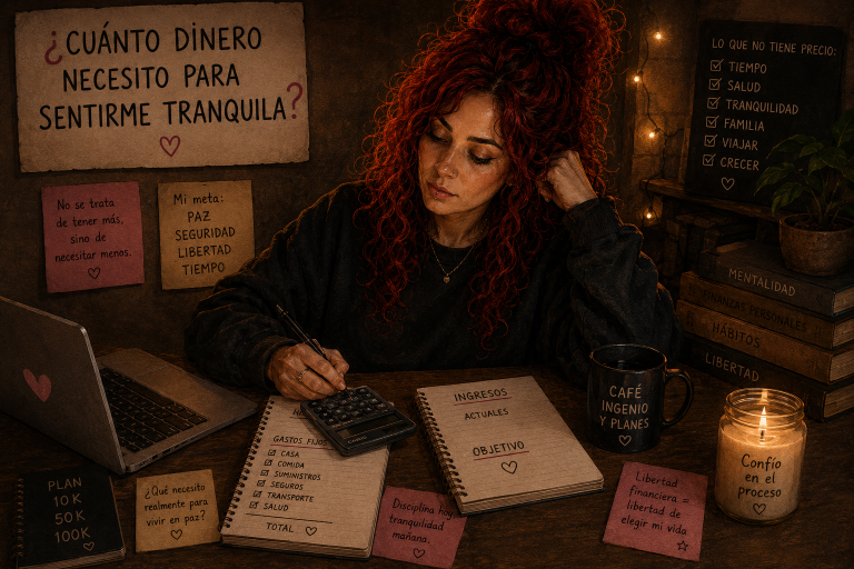 Mujer peliroja haciendo cálculos